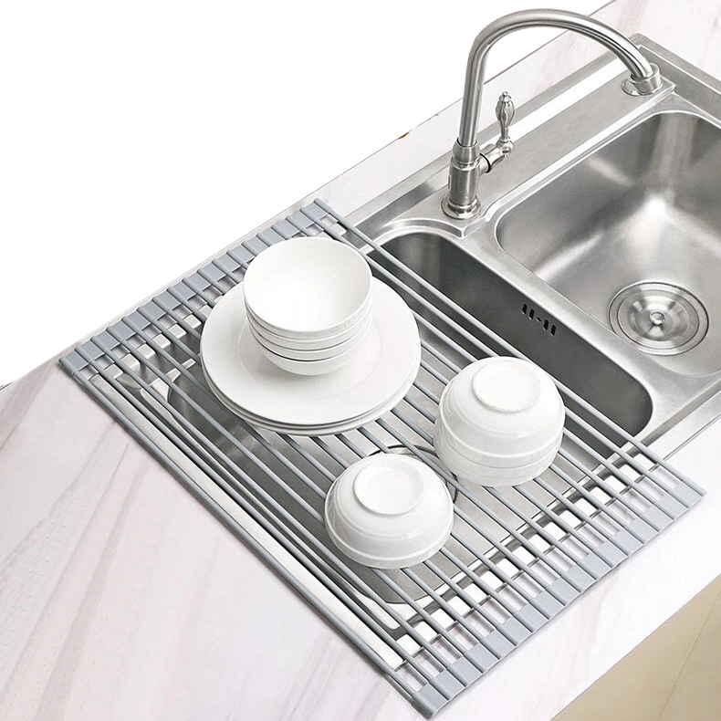 Roll-up Sink Rack Folding Drainer Kitchen Foldable Multi-Use Silicone Coated Stainless Dish Drying Rack