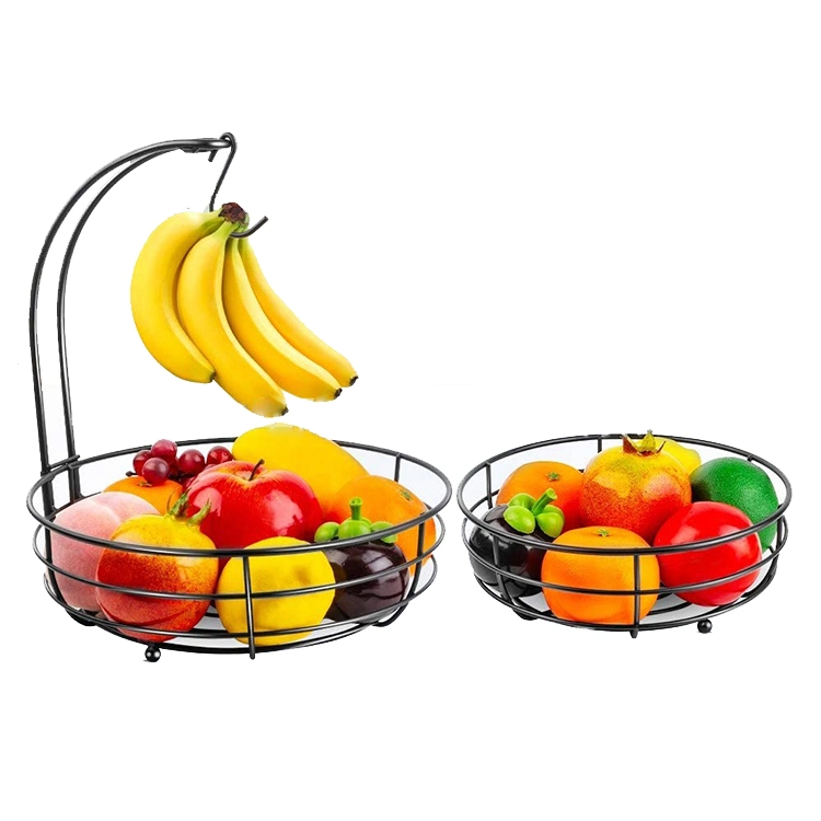 Custom 2 Tier Countertop Black Wire Fruit Vegetable Bowl Storage Basket with Banana Hanger