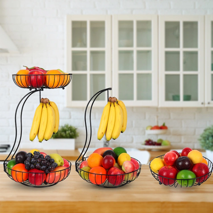 Multifunctional Modern Countertop Iron Decorative Floor Stand Steel Metal Wire Steel 2 Tier Hanging Fruit Vegetable Basket